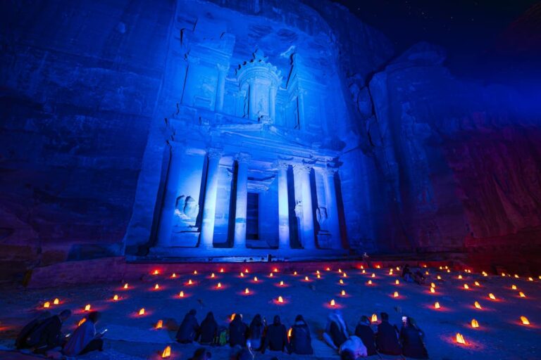 Illuminated treasury building in the acient Nabatean city of Petra by night,