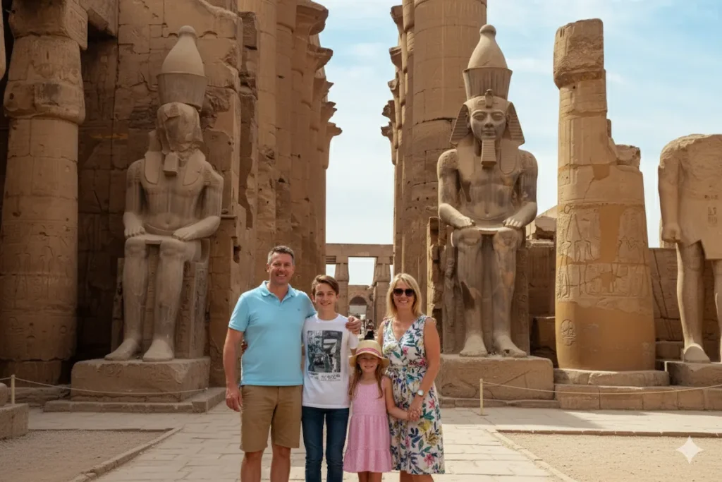 A family of four, an adult man and woman, a teenage boy, and a young girl, stand smiling in front of ancient Egyptian statues and columns.