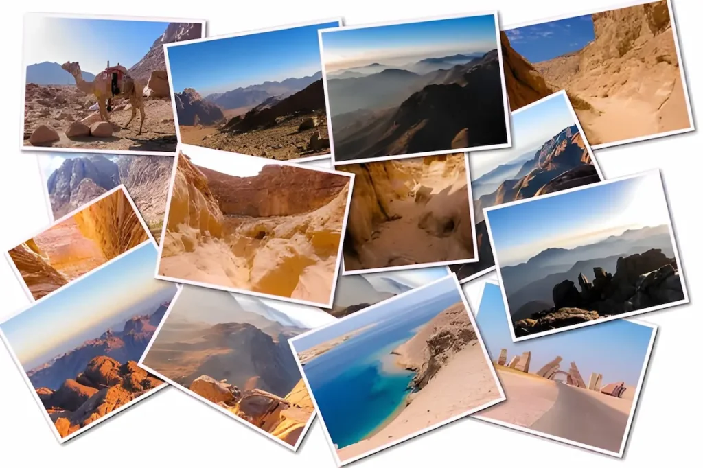 Egypt pictures collage of different famous locations landmark of Sinai Peninsula, Africa, isolated on white background.