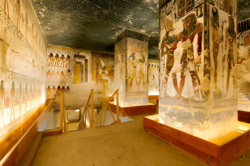 General view of the interior of the initial chamber and staircase inside Tomb KV17, the Tomb of Seti l, in the Valley of the Kings, Luxor, Egypt