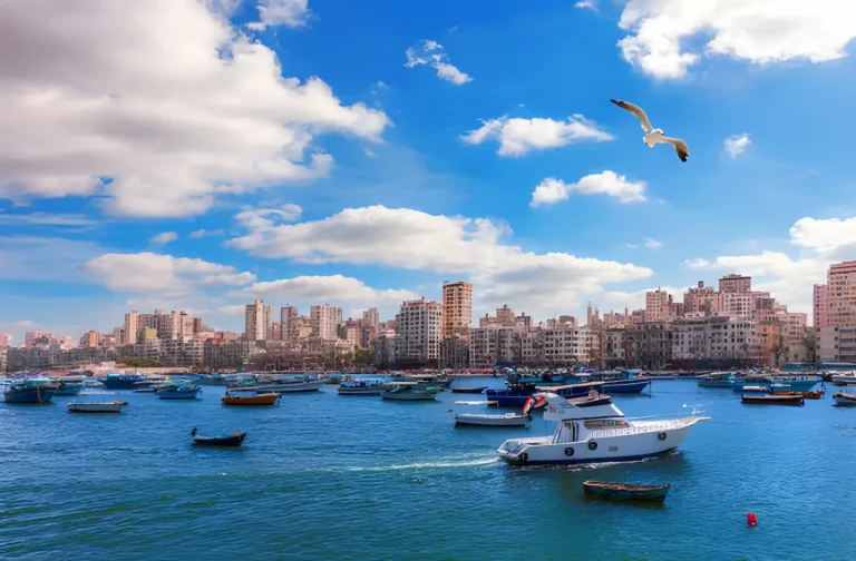 View on the coast of Alexandria, typical buildings and the Mediterranean sea of Egypt