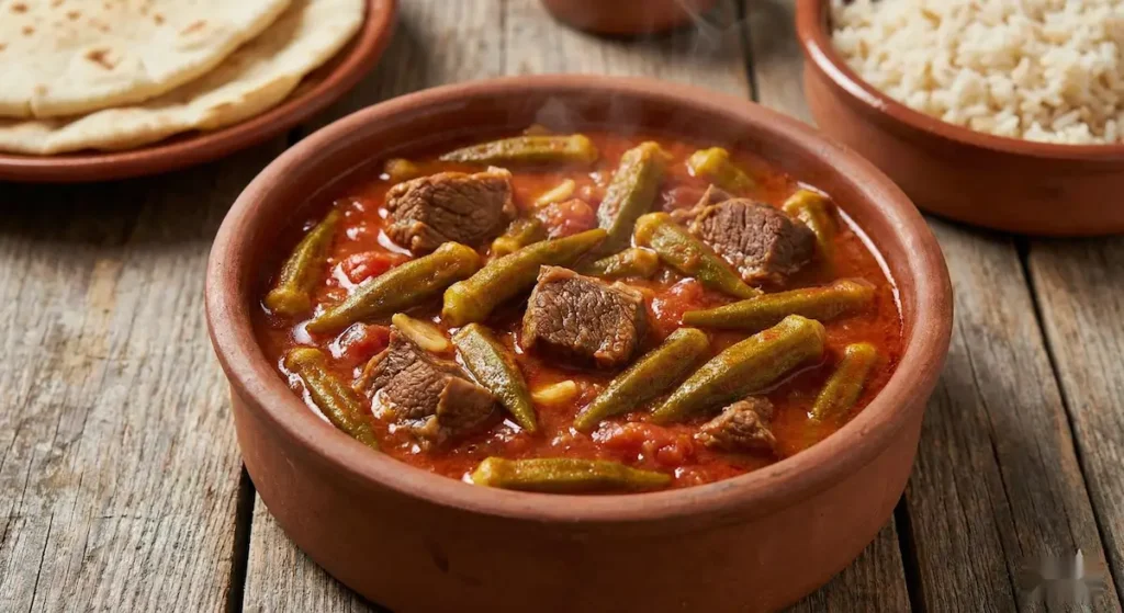 Bamia (Okra Stew) Okra slow-cooked in tomato and garlic with beef or lamb. Flavor: Tangy, soft, homey.