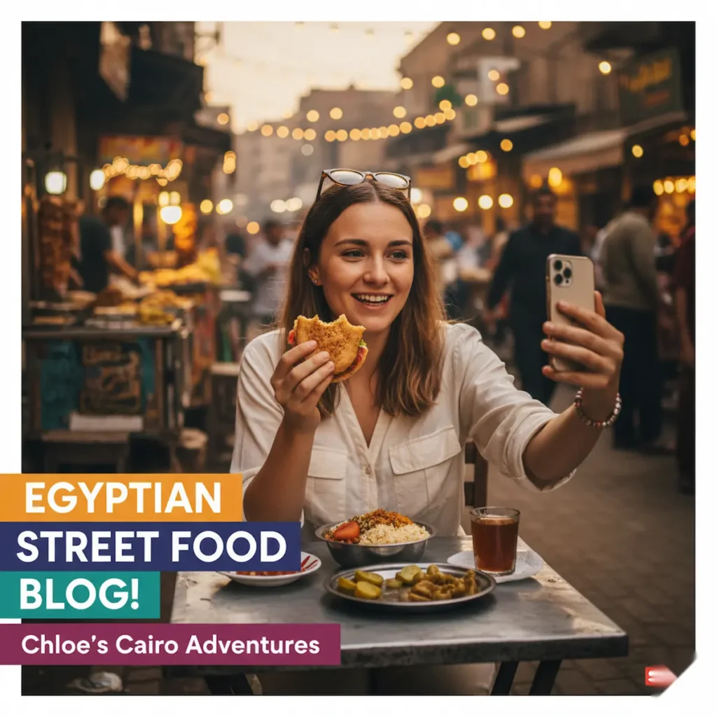 an image of an English tourist eating in some local Cairo streets and she is making a blog of her egypt street food