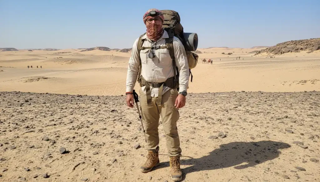 A highly realistic photograph of an English tourist on a rugged desert adventure tour. The tourist is wearing durable, breathable hiking clothes and sturdy closed-toe shoes suitable for rough, sandy terrain. They are wearing a practical headscarf or bandana pulled up to protect against sun and sand. In their hand, they are holding a modern LED headlamp or a powerful tactical flashlight, suggesting an upcoming night excursion or desert camping. The lighting should be harsh and sunny, emphasizing the textures of the sand and gear.