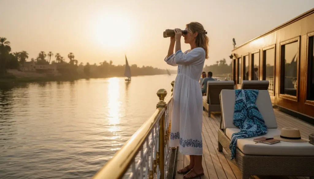A detailed photograph of an English tourist on an elegant Egyptian Nile Cruise ship at sunset. They are dressed in casual yet refined evening wear—perhaps a linen shirt or a light summer dress. The image should feature the tourist on the deck, subtly holding a pair of vintage binoculars focused on the riverbank, with a folded swimwear/cover-up visible nearby on a deck chair. Emphasize the soft, golden lighting of the setting sun reflecting off the Nile and the polished brass of the ship.