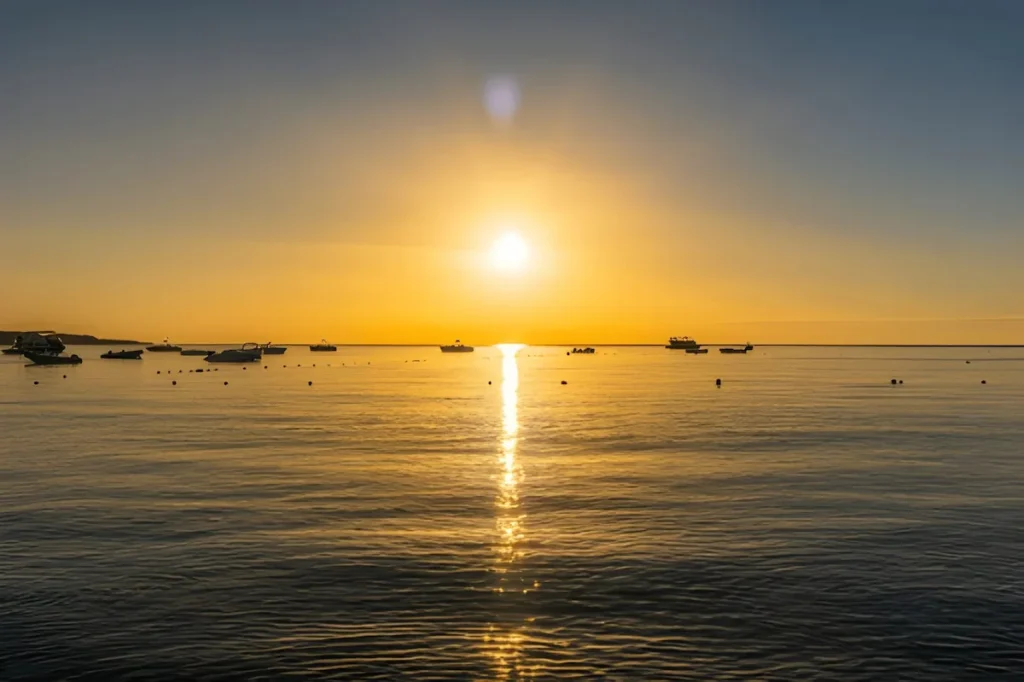 Scenic view of Naama Bay, Sharm-el-Sheikh, Egypt. Sunrise over the sea. Panoramic seascape.