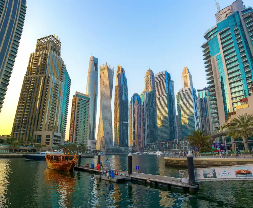 Dubai Marina Skyline at Sunset with Boat 