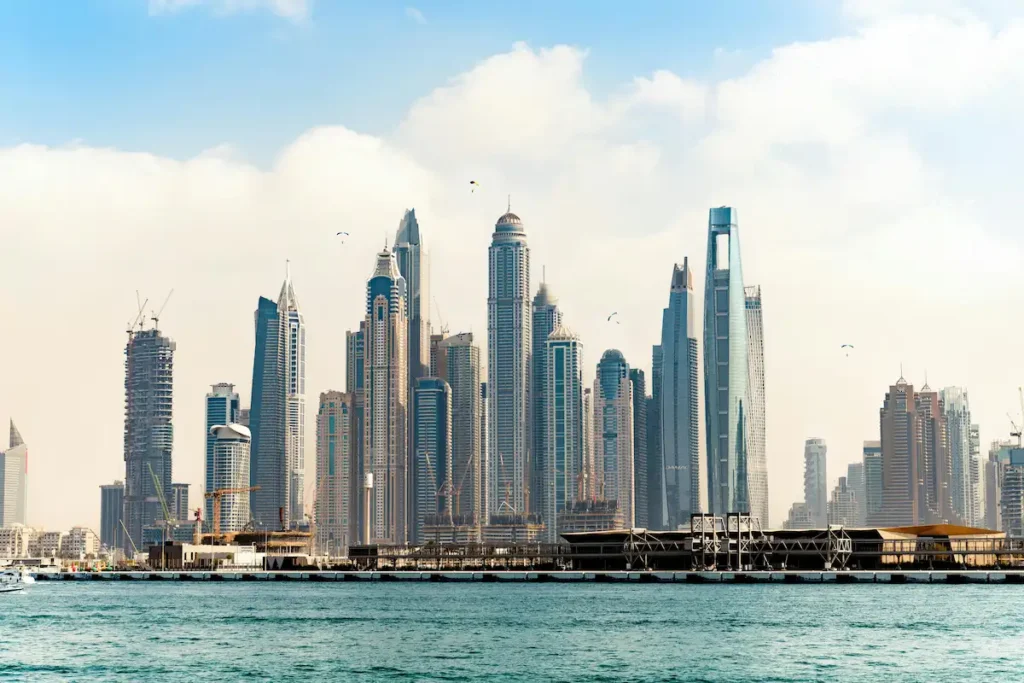 Dubai Skyline Against Clear Blue Sky 