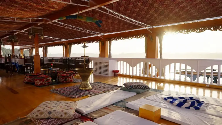 Traditional floor seating and cushions on the Amoura Dahabiya deck