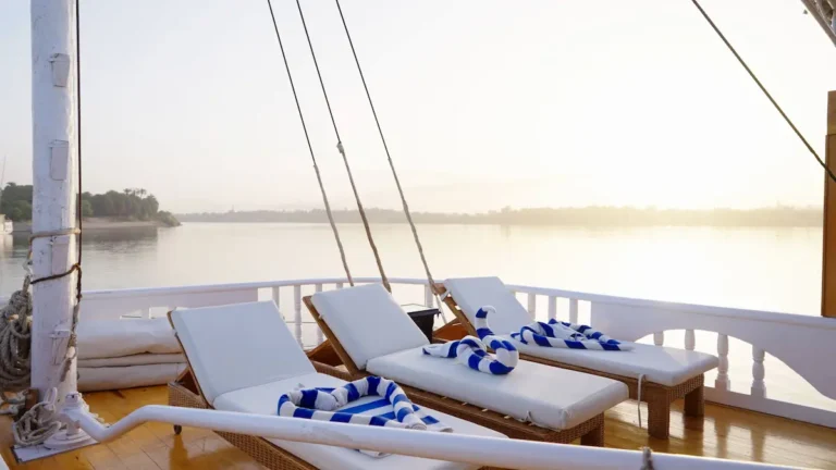 Sun loungers on the Amoura Dahabiya deck with panoramic Nile views