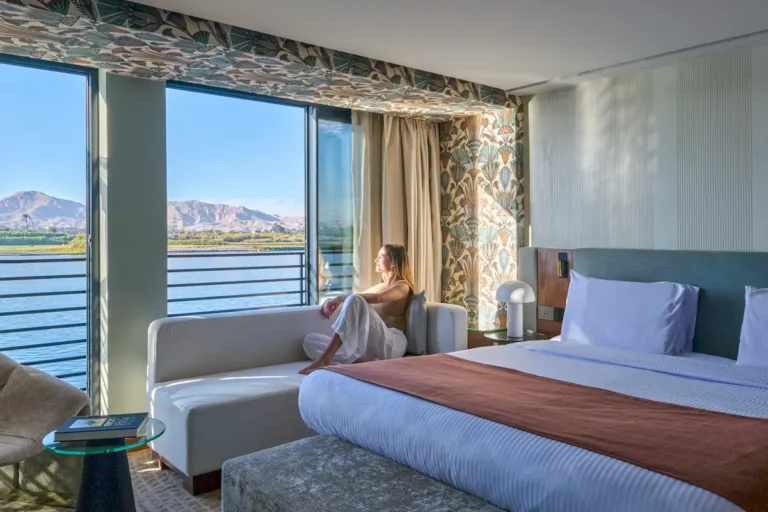 Modern guest cabin aboard Mazaj Sia Dahabiya