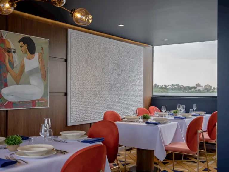Indoor restaurant and dining area aboard Mazaj Sia Dahabiya