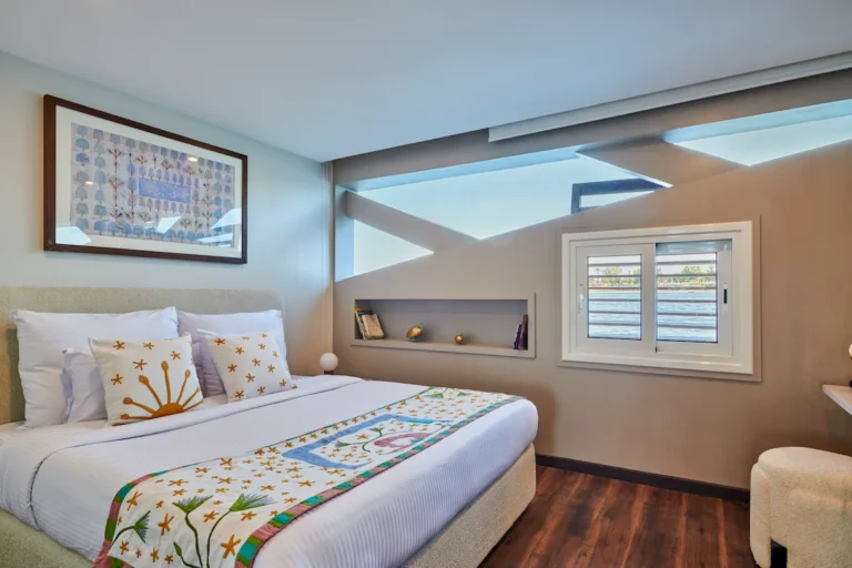 Mazaj Seba cabin with double bed and contemporary Egyptian decoration