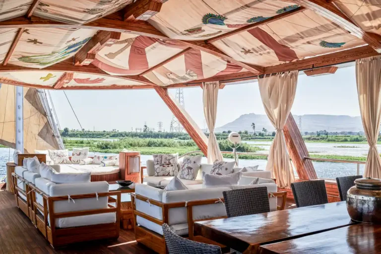 Shaded Mazaj Seba sundeck with seating and Nile views